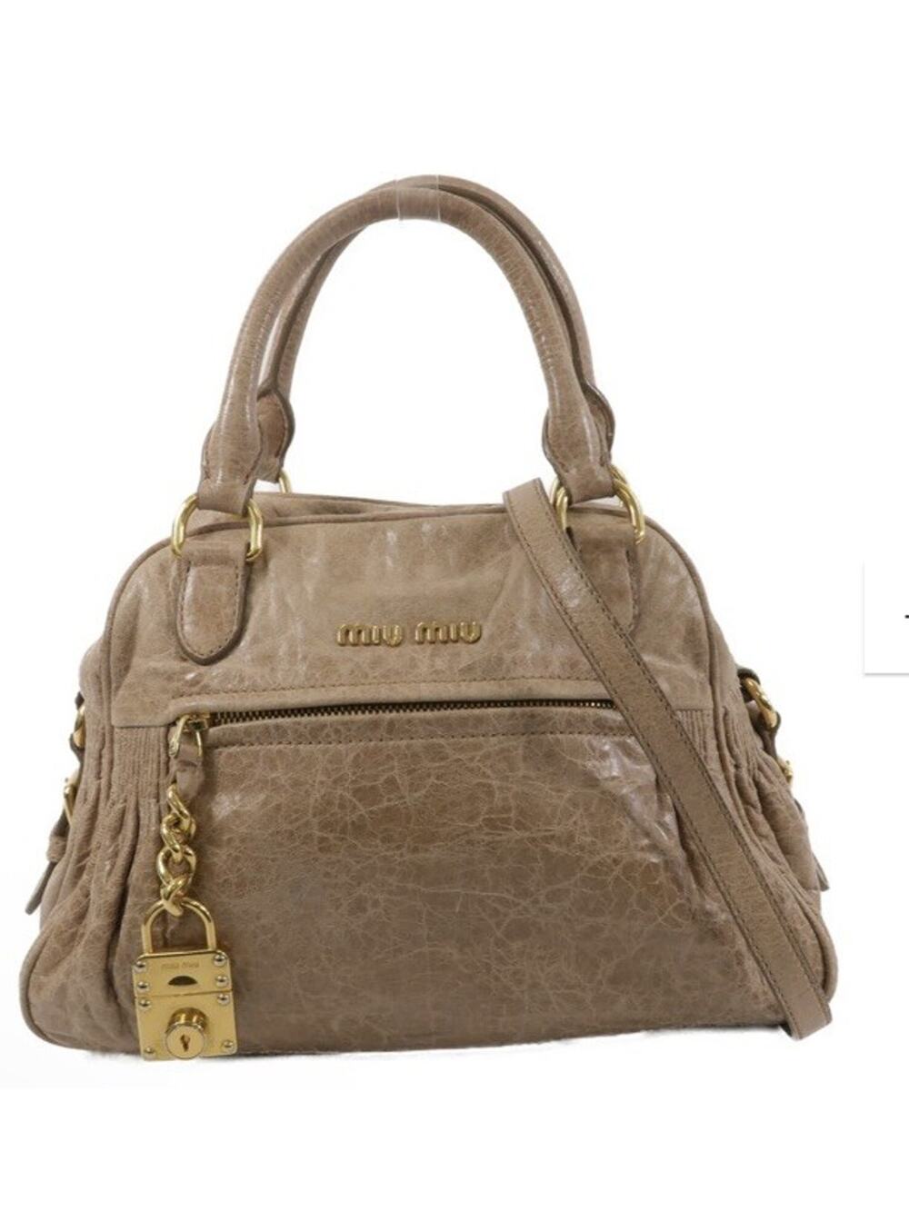 Miu Miu Beige Satchel Top Handle Zip Bag Detachable Adjustable Strap Padlock